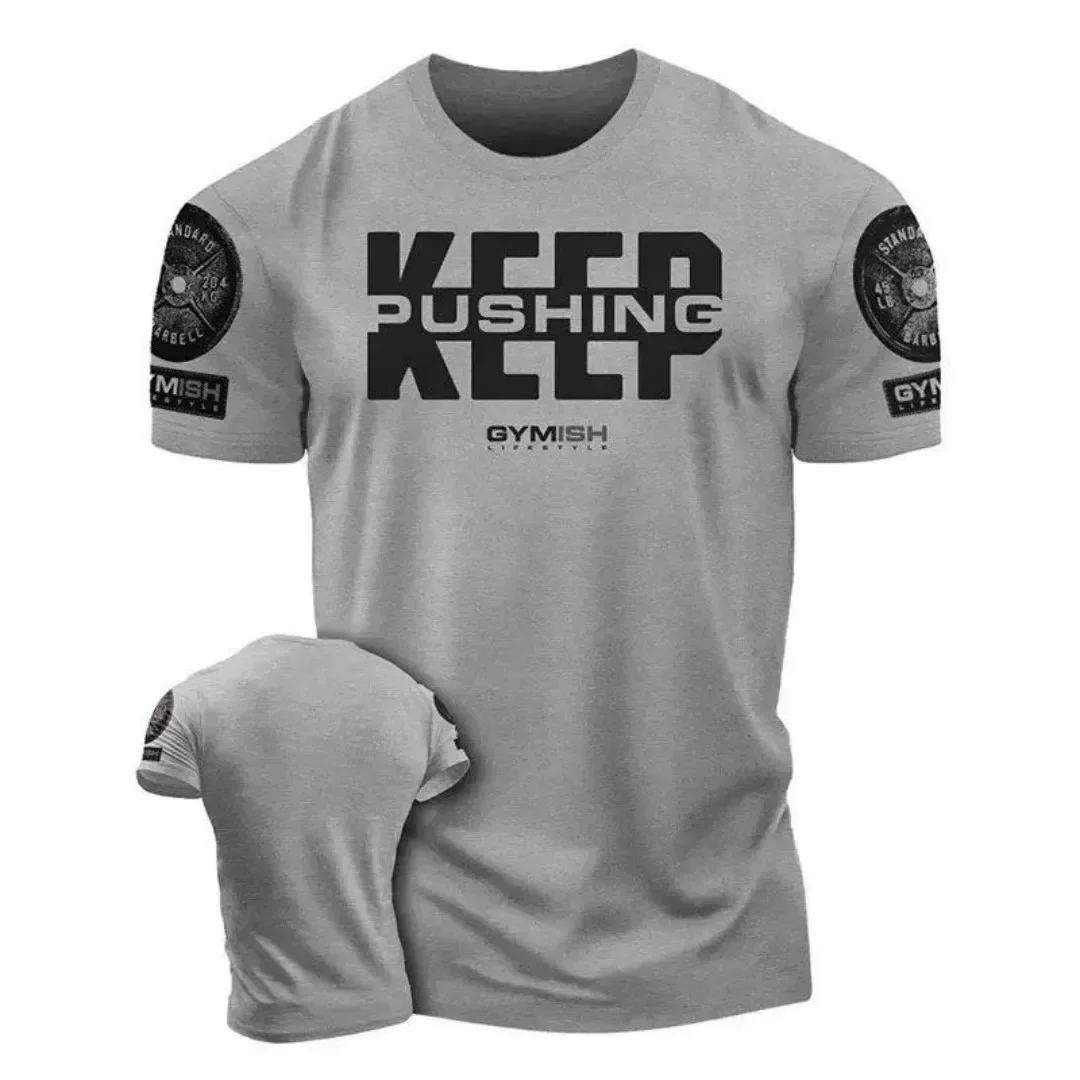 Fashion New Men's Keep Pushing Gym T Shirt Weight Plate Graphic Crewneck Short Sleeve Fitness Workout Training Tee