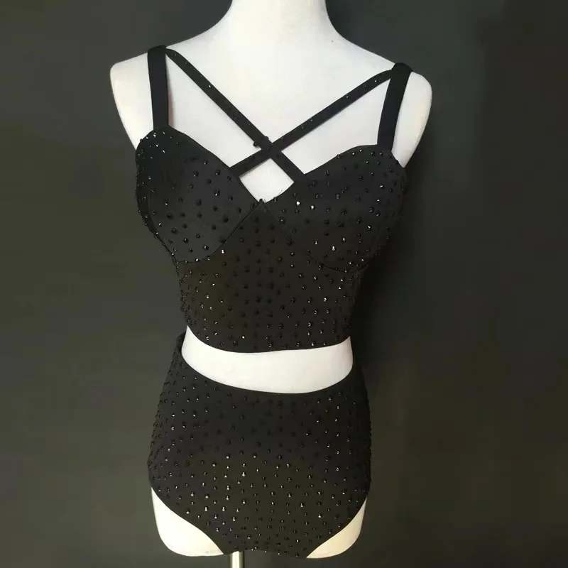 Shiny Rhinestones Tops High Waist Shorts Female Nightclub Bar Pole Dance Costumes Sexy Gogo Dancer Outfit Jazz Dancewear