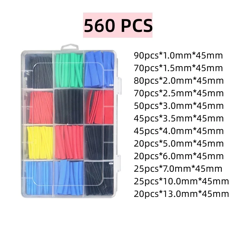 560pcs/lot Waterproof 2:1 Heat Shrinkable Sleeve Shrink Wrap PVC Polyolefin Insulation Sleeving Tubing Wire Cable Assortment Kit