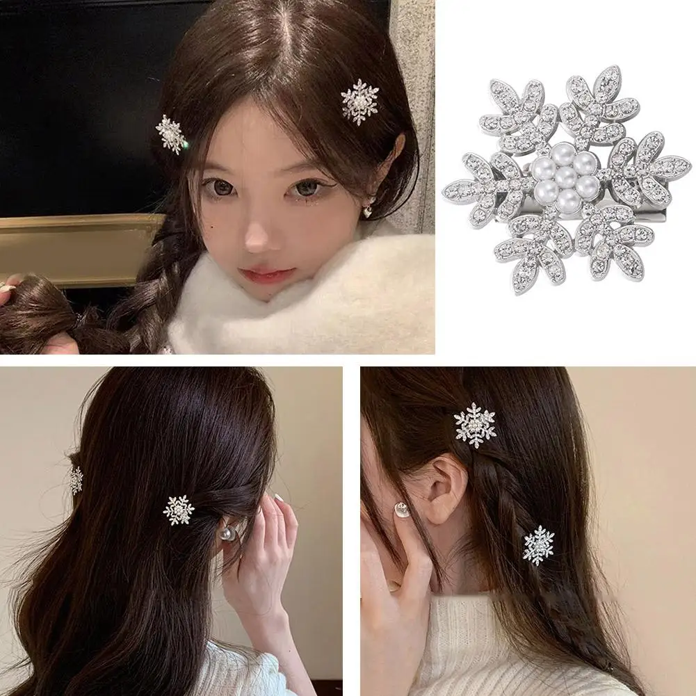 1pc Inlaid Snowflake Hairclips Christmas New Hairpins Side Pearl Crystal Sweet Accessories Duckbill Clip Year Gi L3m9