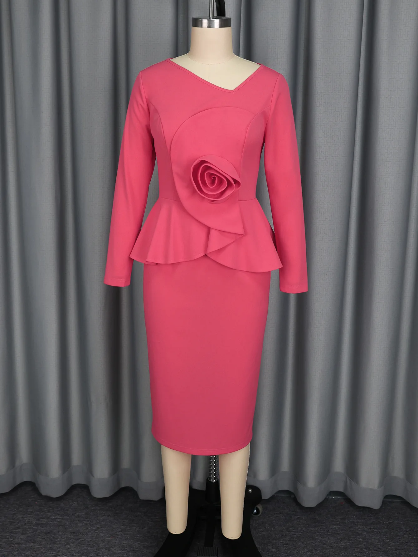 Autumn New Women's Long-Sleeve Ruffle Dress Slimming Body-Hugging Skirt Three-Dimensional Floral Design Delicate Party Look