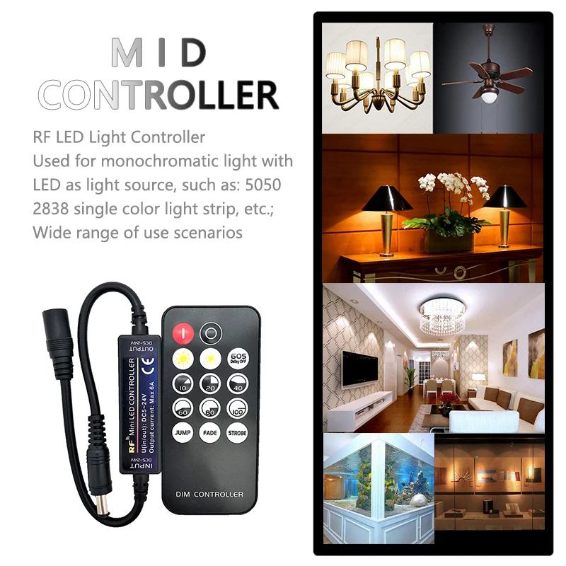 Mini LED Single Color Controller DC 5V 12V 24V 6A PWM 1CH Dimmer with 14-Key RF Wireless Remote for Constant Voltage Strip Light