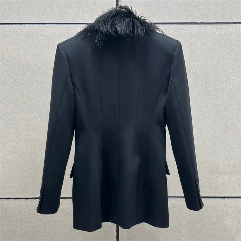 Women's jacket 2026 Spring new asymmetrical slim fit coat ostrich feather decoration women's suit jacket wool blend outerwears