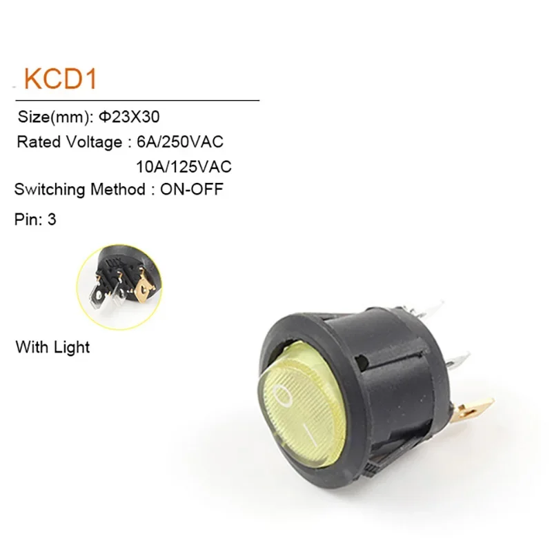 5PCS 23MM Diameter Small Round Boat Rocker Switches  2/3Pin 2/3 Position 6A/250VAC 10A/125VAC  Button Switch with Light