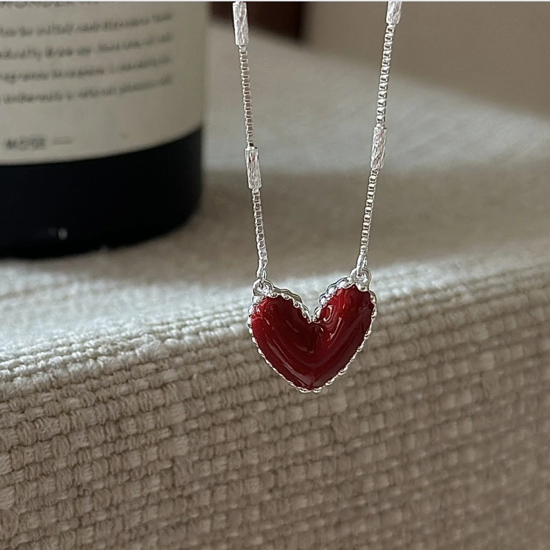 S925 pure silver Korean version simple red heart fashionable drop glazed necklace basic style New Year's style collarbone chain