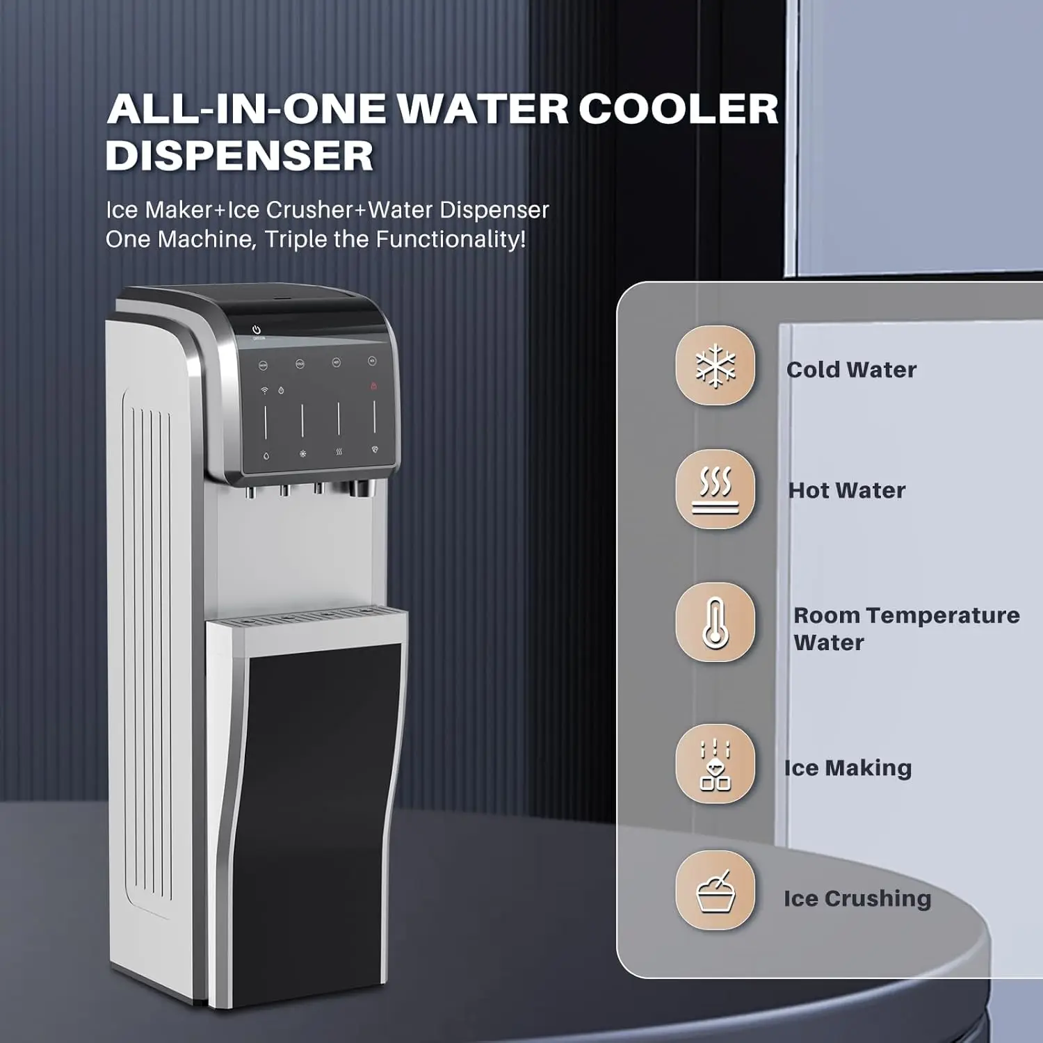 Pendingin air 5-in-1 dengan pembuat es, Dispenser air untuk botol 5 galon, Memuat bawah, Dispenser air panas/dingin bawaan