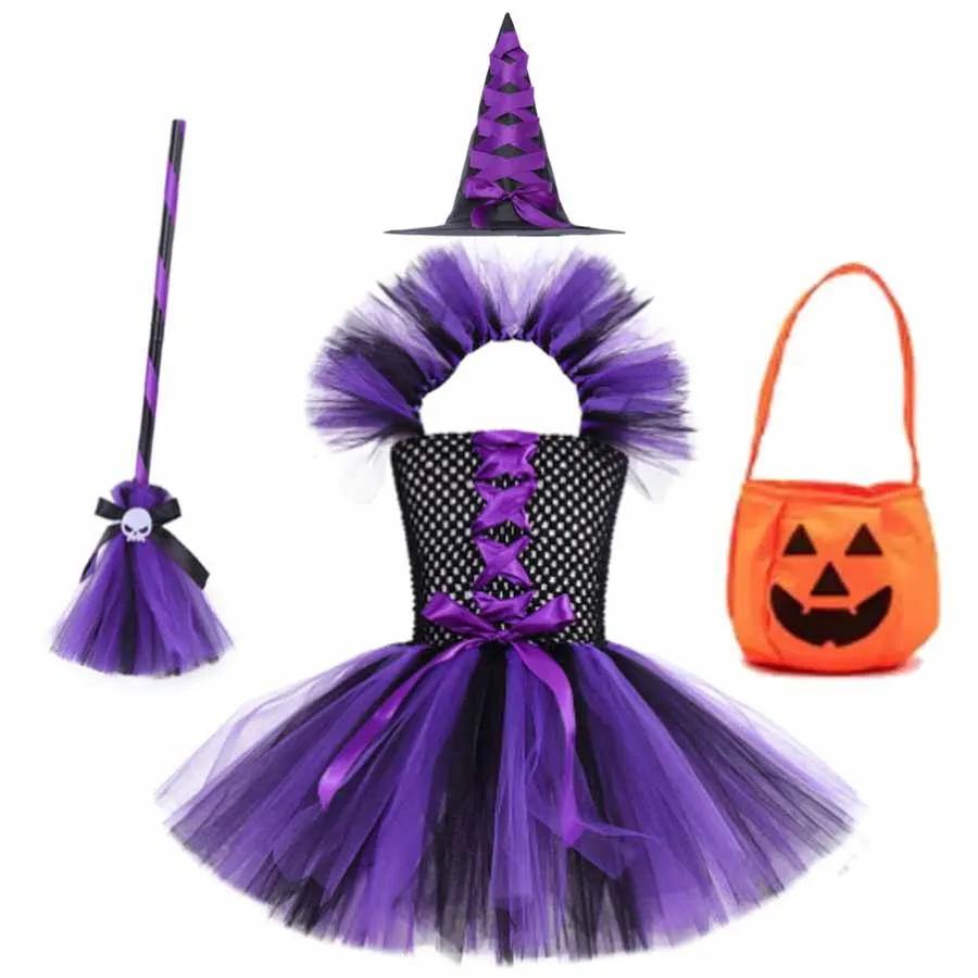 Halloween Witch Vampire Baby Girls Costume Children Cosplay Princess Dresses Infant Witch Fancy Dress Clothing Set Bag Hat