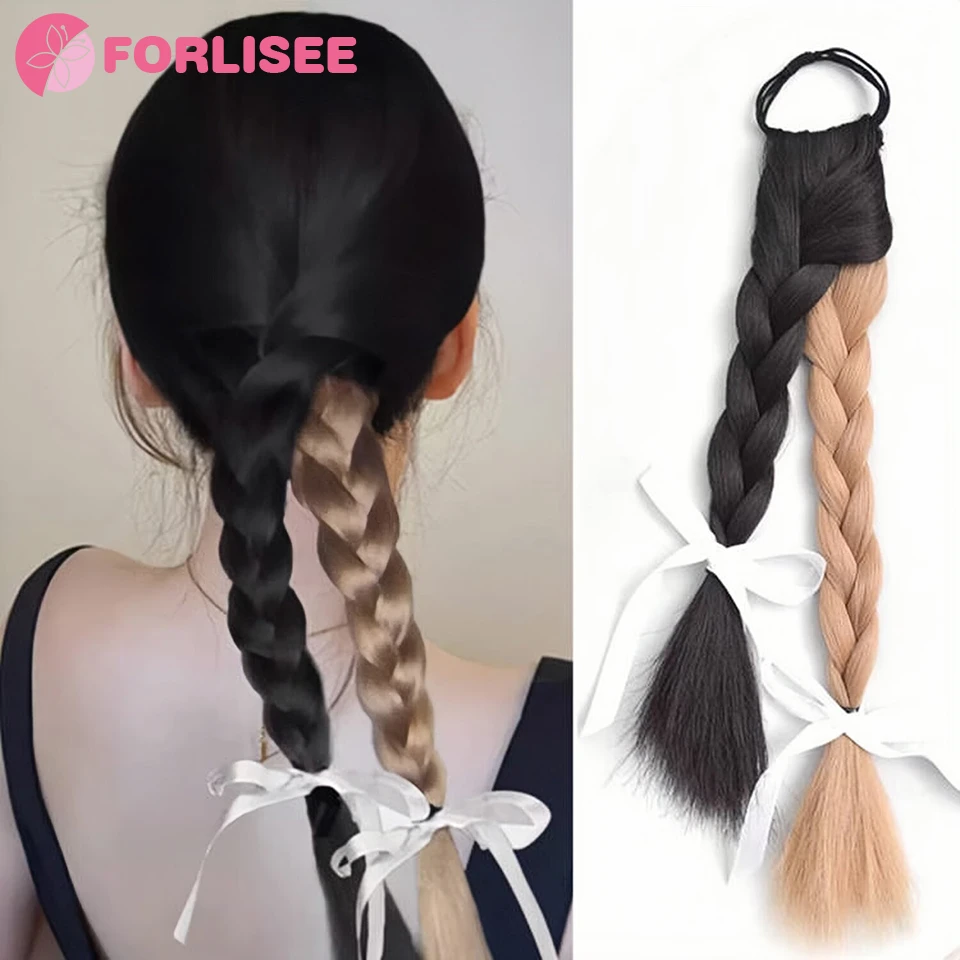 

FORLISEE Synthetic Wig Ponytail Black Plus Flax Golden Cross Fried Dough Twists Braid Can Be Tied With High And Low Ponytail