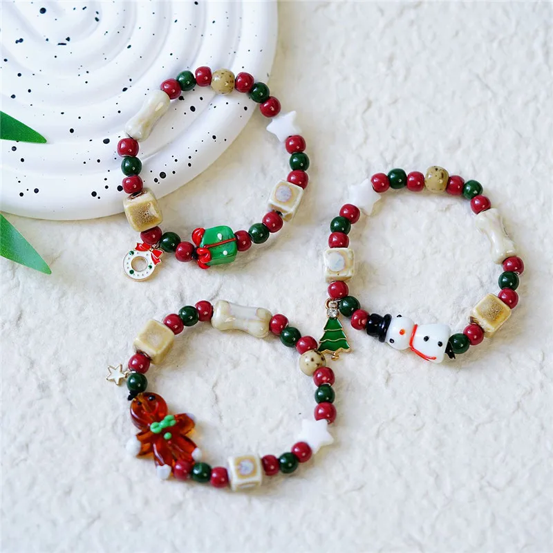 10Pcs Christmas Style Ceramic Bracelets Porcelain Beads Santa Snowman Claus Pendant Chain Jewelry Xmas Party Decor Gift