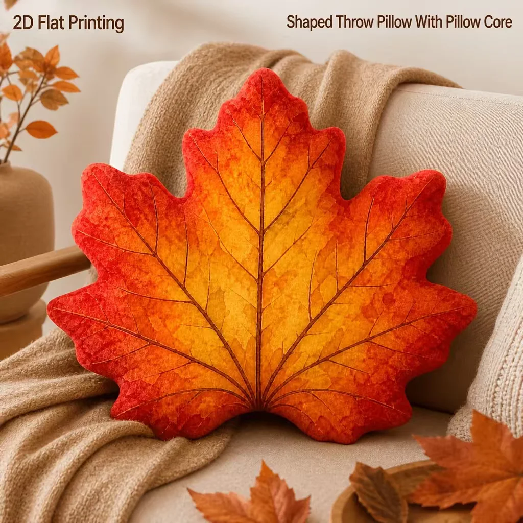 Fall Red Orange Maple Leaf Shaped Decorative Pillow, 2D Printed Leaf Cushion for Sofa Thanksgiving Decor