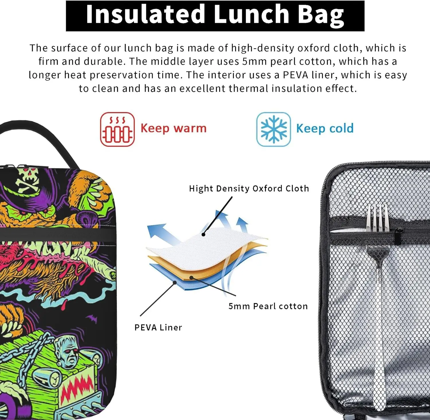 Rob Style Singer Zombie Lunch Box Insulated Reusable LunchBag for Adult Thermal Lunch Bag Tote forOffice Hunting with Adjustable