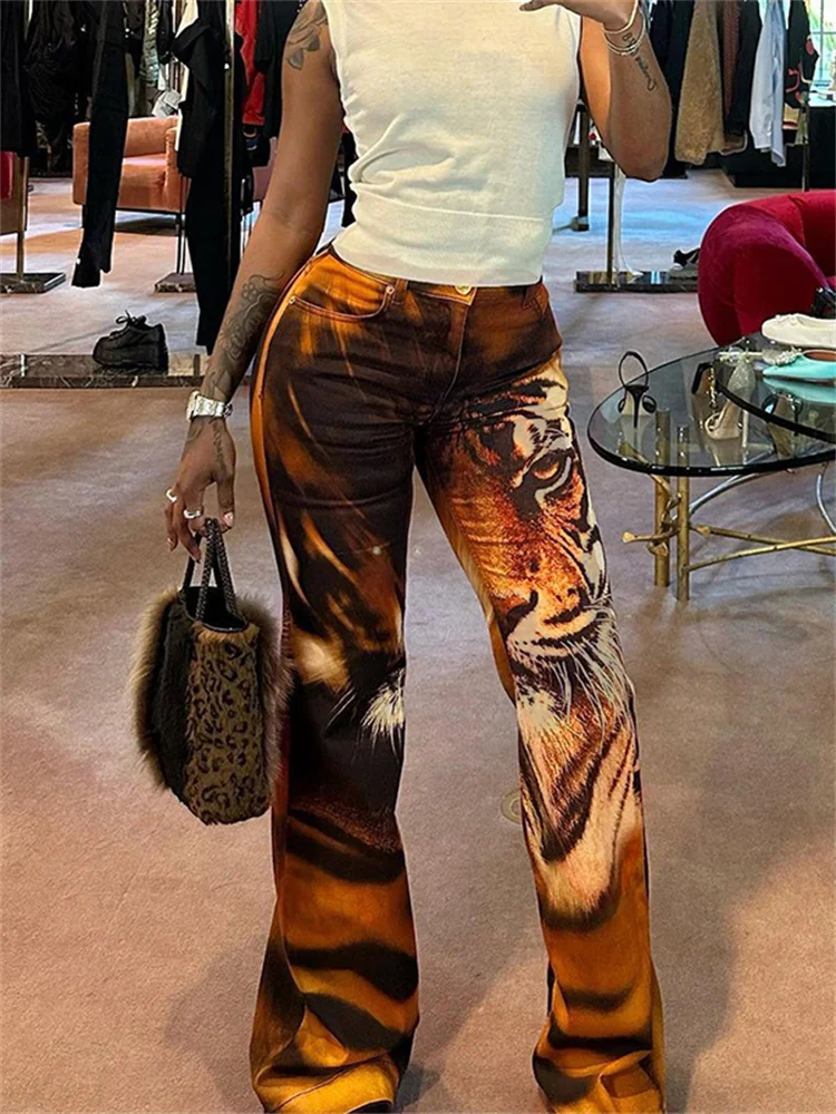 Macheda Tiger Print Flare Pants Women 2025 Hot Girl Y2K Trend Skinny Elastic Wild Casual High Waist Classic Streetwear Trousers