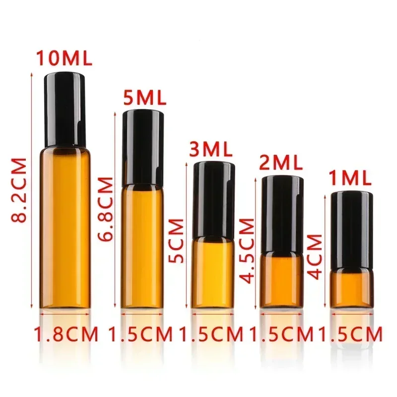 100Pcs 1/2/3/5/10ml Amber Glass Roll on Bottles Empty Refillable Essential Oil Container Portable Travel Perfume Vial For Liquid