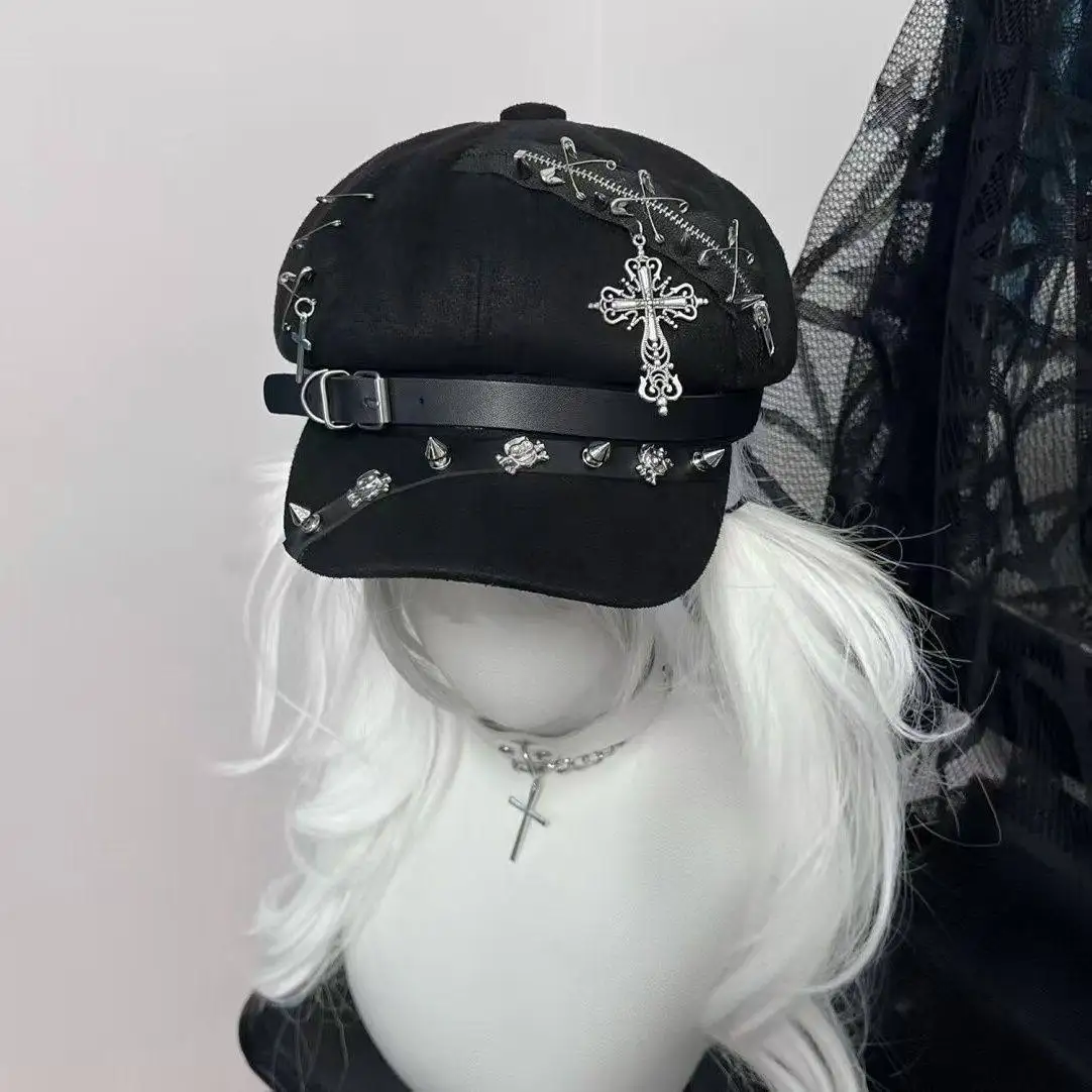 

Кепка в стиле панк-субкультуры с металлическими заклепками и крестами, универсальная, милый берет, Y2K, для женщин и мужчин