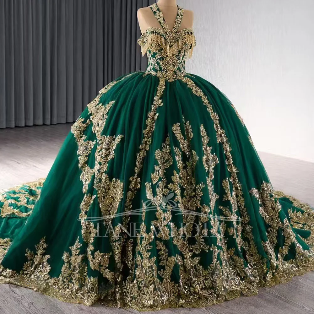 Luxury Green Customizable Evening Dress Halter Off The Shoulder Lace Up Back Beaded Sequined Vestidos De Noite