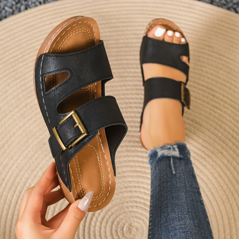 Women Vintage Distressed Wedge Slide Sandals Double Strap Adjustable Metal Buckle Open Toe Slip on Slippers Ladies Summer Casual