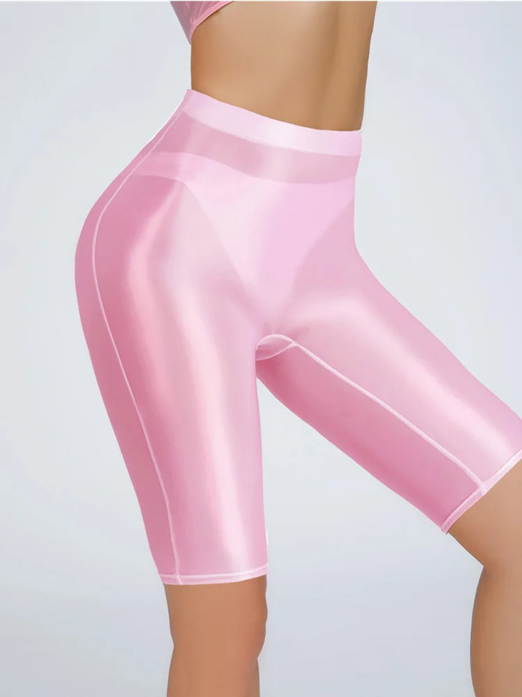 Sexy Women Oil Glossy Shiny Elastic Jeggings Shorts Sheer See Through Soft Stretchy Casual Plus Size Tight Knee-Length Yoga Pant