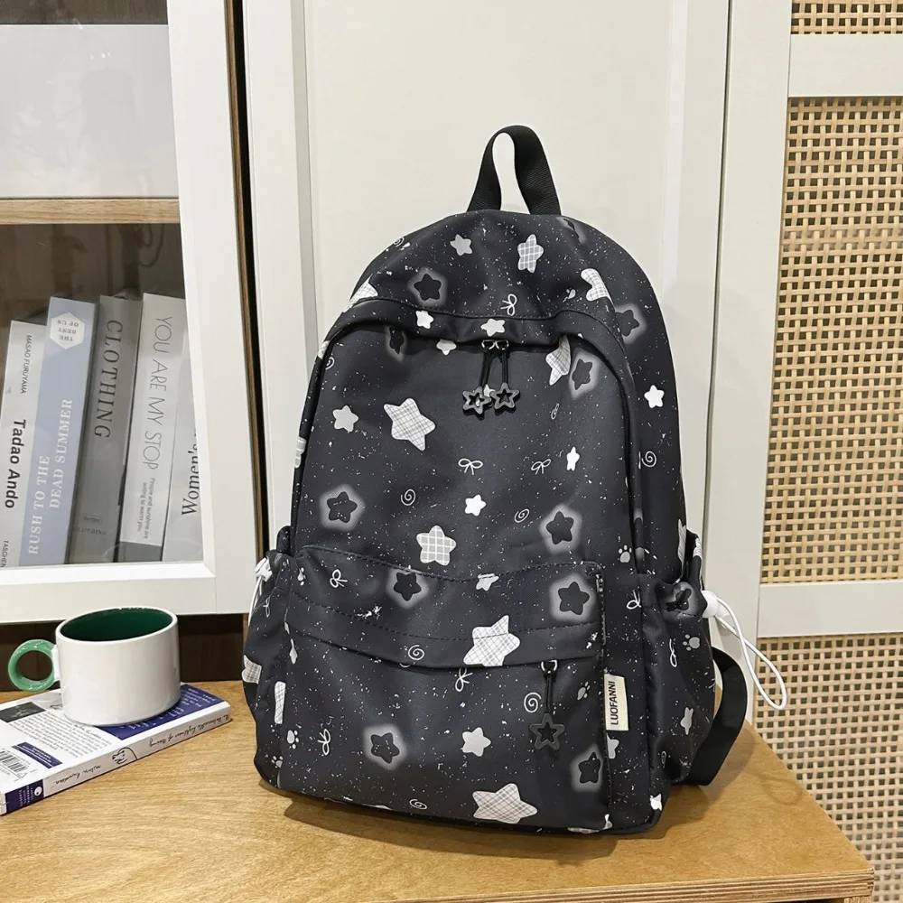 Large Capacity Women's Travel Backpack Zipper Closure Star Bow Pattern Nylon Backpack Lightweight Preppy Style Bag