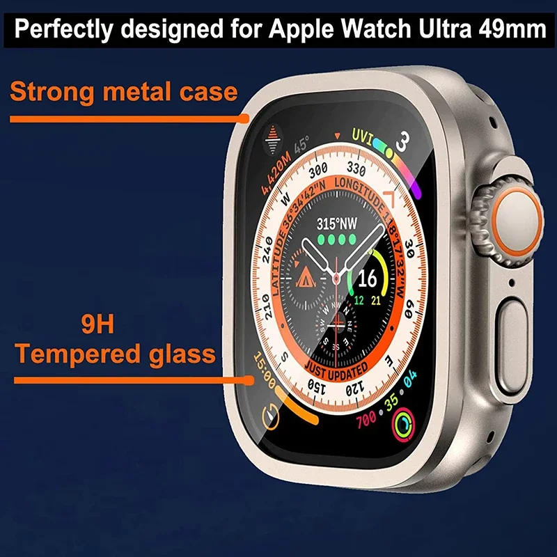9H Tempered Glass Screen Protector for Apple Watch Ultra 49mm, Titanium Alloy Bumper Anti-Scratch Protective Film for iWatch
