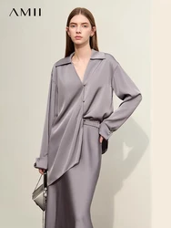 AMII Minimalism Gray Department Chiffon Shirts For Women 2024 Spring New Half Open Collar Drop Hem Loose Fashion Blouse 12441166