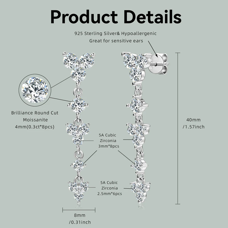 Real 925 Silver 4mm D Color Moissanite Long Drop Earrings Piercing Studs Wedding Party Fine Jewelry for Women 2024 Trend Gift