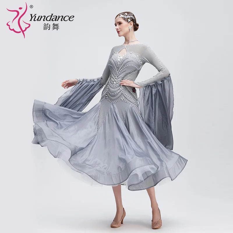 

B-24233 Высококачественный новый национальный стандартный костюм для бальных танцев, серое шифоновое платье для бальных танцев, женское