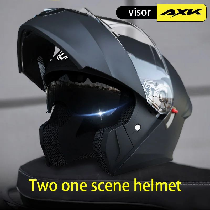 AXK Brand DOT Certified High-quality Moto Flip-up Full Face Helmet Dual Visor Safety Riding Helmet Men Women Helmet Four Season