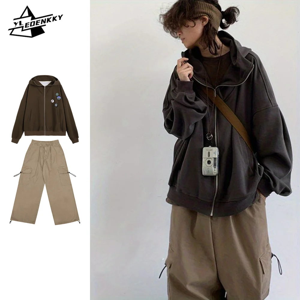 Hip Hop Street Sets Men Women Vintage Insignia Cardigan Hooded Sweatshirts+Loose Wide Leg Cargo Pants Autumn Casual Two-piece