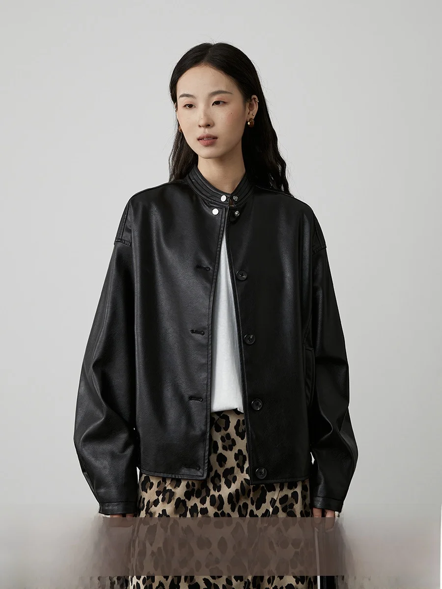 

CAREMIND Hong Kong Sle Retro Bla Leather Jaet Весеннее новое Waed Feel Abdul Simple Top Женское модное пальто из искусственной кожи