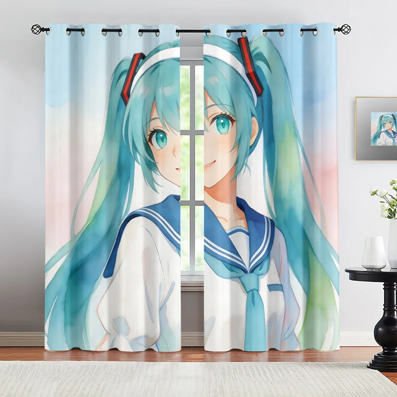 

2Pcs Hatsune Miku Watercolor Sailor Uniform Blackout Curtains Soft Pastel Anime Window Drape Fans Room Kids Room Decor Best Gift