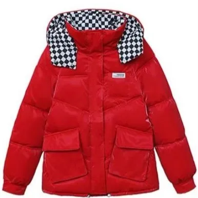 Winter Women\'s Bright Non Washable Cotton Jacket Female Contrast Plaid Hooded Parkas Coats Ladys High Collar Warm Outwears