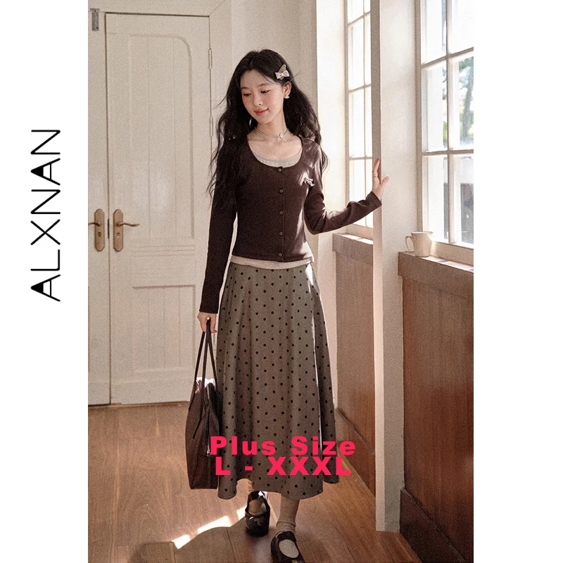 ALXNAN Plus Size Gray Polka Dot Skirt Women Long A-line Elegant Skirts Loose-fit High-waist Casual Female Clothing D12872 D13220