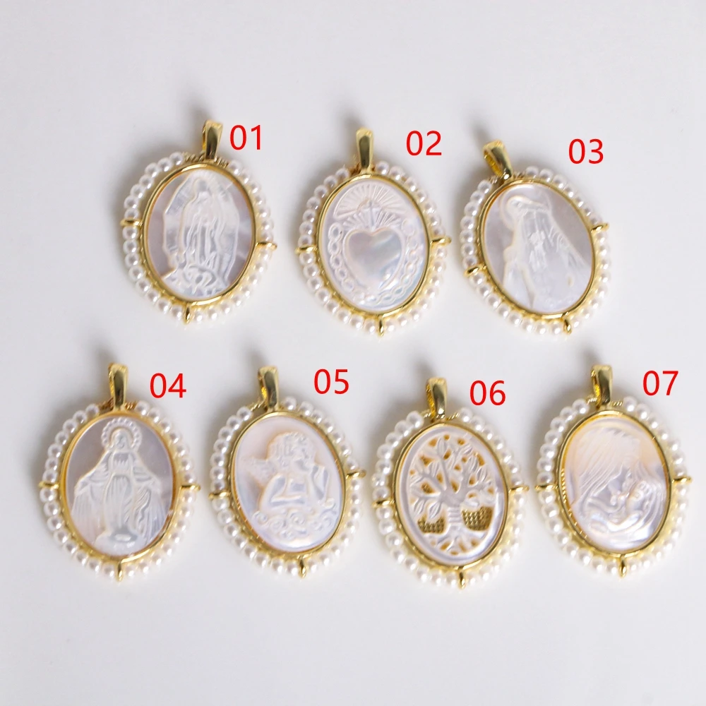 

10pcs, Charm Virgin Mary Religious Oval Pendant Natural Mother of Pearl Shell Gold Plated Women Jewelry Accessories