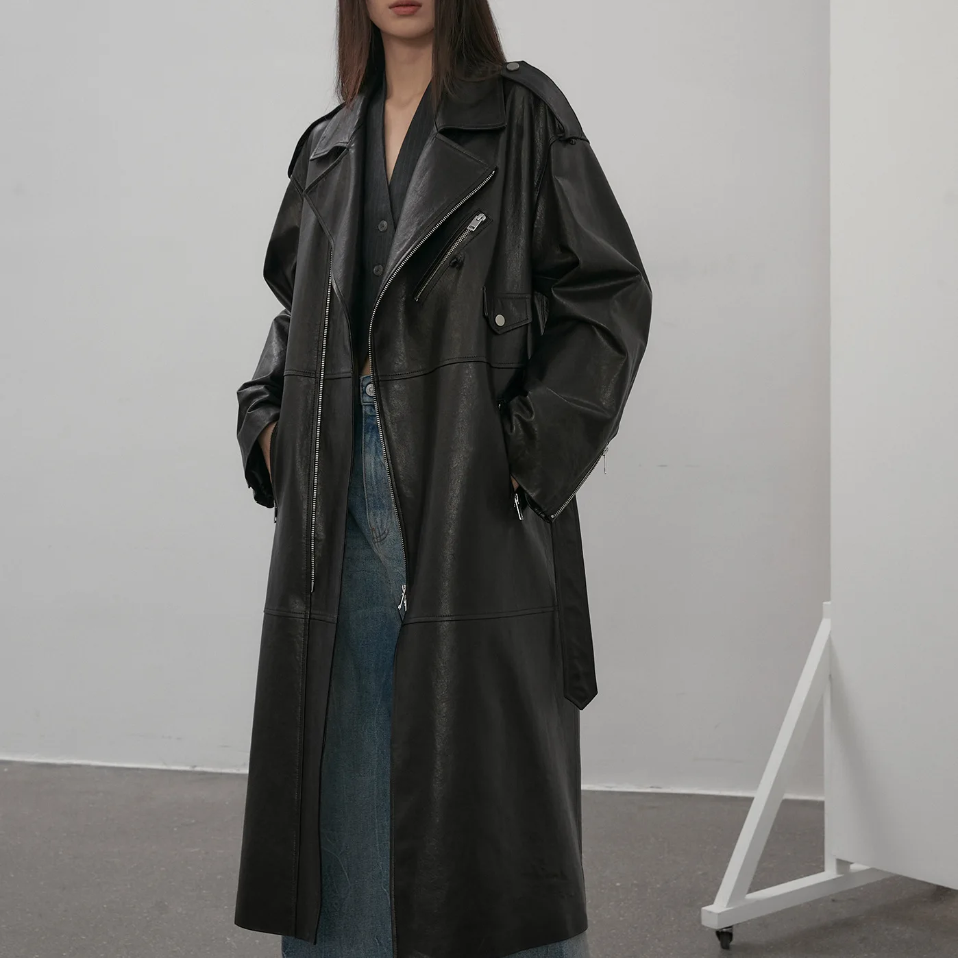 

2023 Genuine Leather Coat Autumn and Winter New Sheepskin Plant Tanned Leather Silhouette Long Zipper Motorcycle Leather Coat Wi