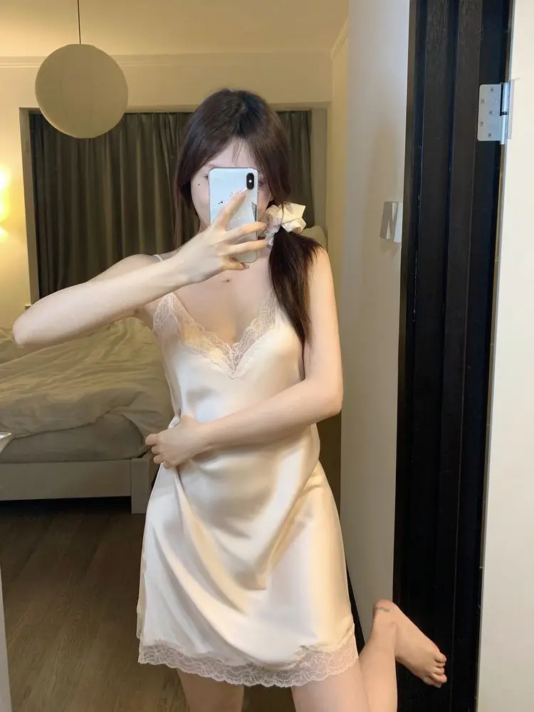 ElyraLux Summer Sexy Nightgown Ice Silk Tank Dress Lace Side Pajama for Woman Smooth Fabric Nightdress Women's Home Clothes