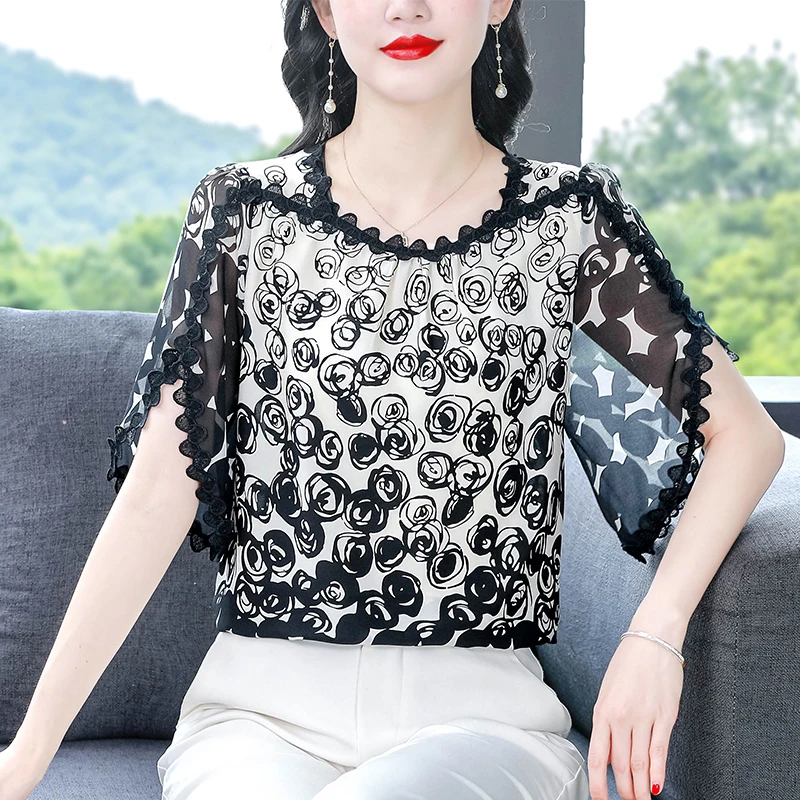 New Fashion Flying Sleeve Women Tops 2024 Summer Chiffon Blouse Casual Loose Floral Printed Shirt