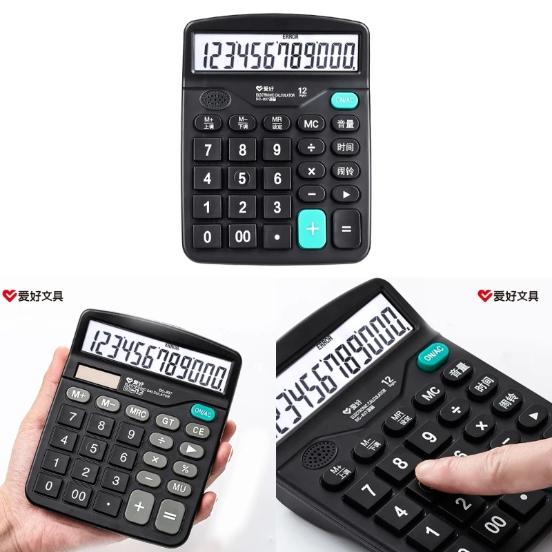 Calculadora escritorio, teclas computadora grandes con reloj despertador y pantalla 12 dígitos