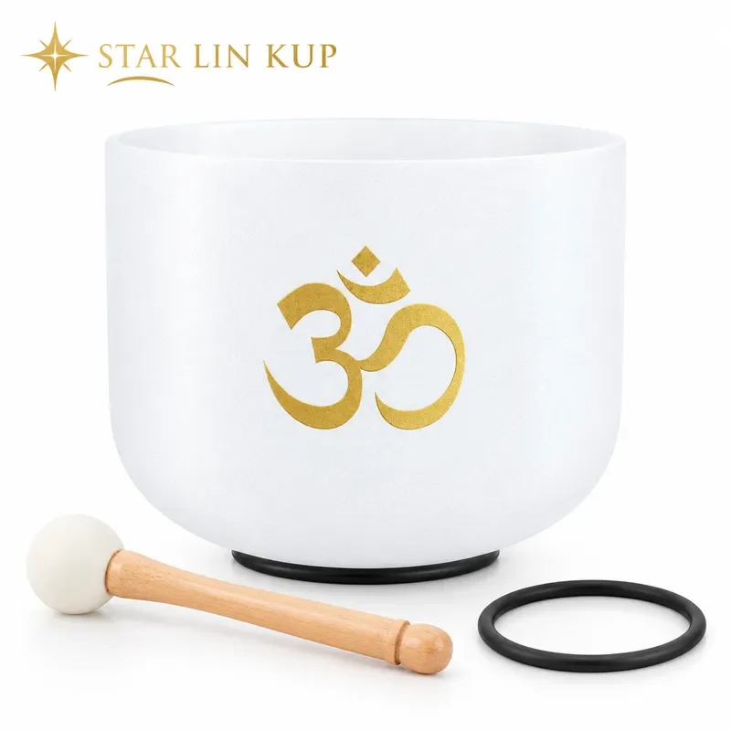 STAR LIN KUP 8 Inch OM Frosted Quartz Crystal Singing Bowl for Sound Healing Meditation Yoga Chakra Balance with Mallet