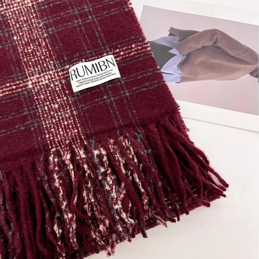 High Quality Angora Fleece Cashmere Scarf Grid Stripe with Tassels Neck Warmer Thickened Windproof Wrap Shawls image 5