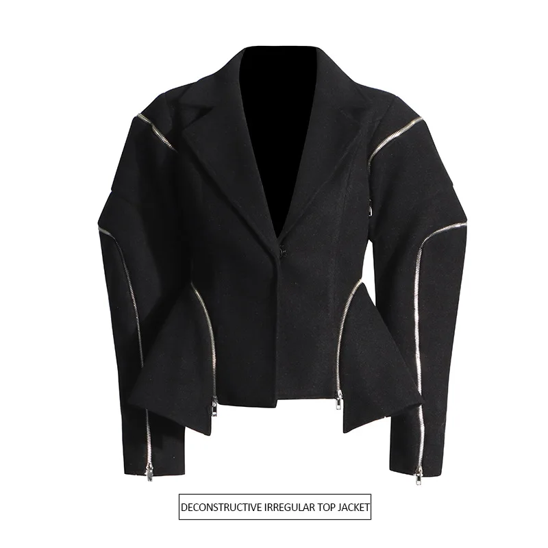 

Новый женский структурированный пиджак 2025 года — асимметричный дизайн, панель на молнии и облегающий крой с застежкой на талии