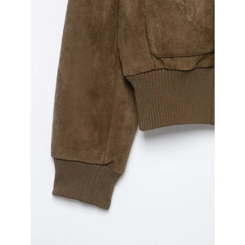 Damen-Jacke aus Wildlederimitat, Herbstkollektion, mit geripptem, hohem Kragen, Reißverschluss, langen Ärmeln und Taschen, kurze Vintage-Oberbekleidung. – Detail 18