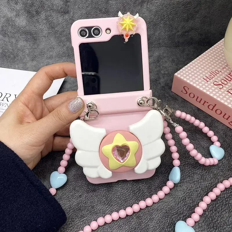 Hot Selling High Quality Wing Bracket Beaded Lanyard Samsung W23 Phone Case for Samsung Galaxy Z Flip 5 4 Drop Protection Cover