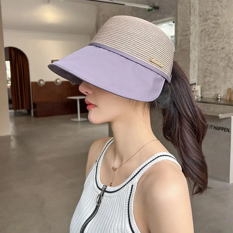 Spring and Summer Bucket Hat Stitching Temperament Sunscreen Straw Sunshade Peaked Cap Breathable Foldable Korean Women's Hats