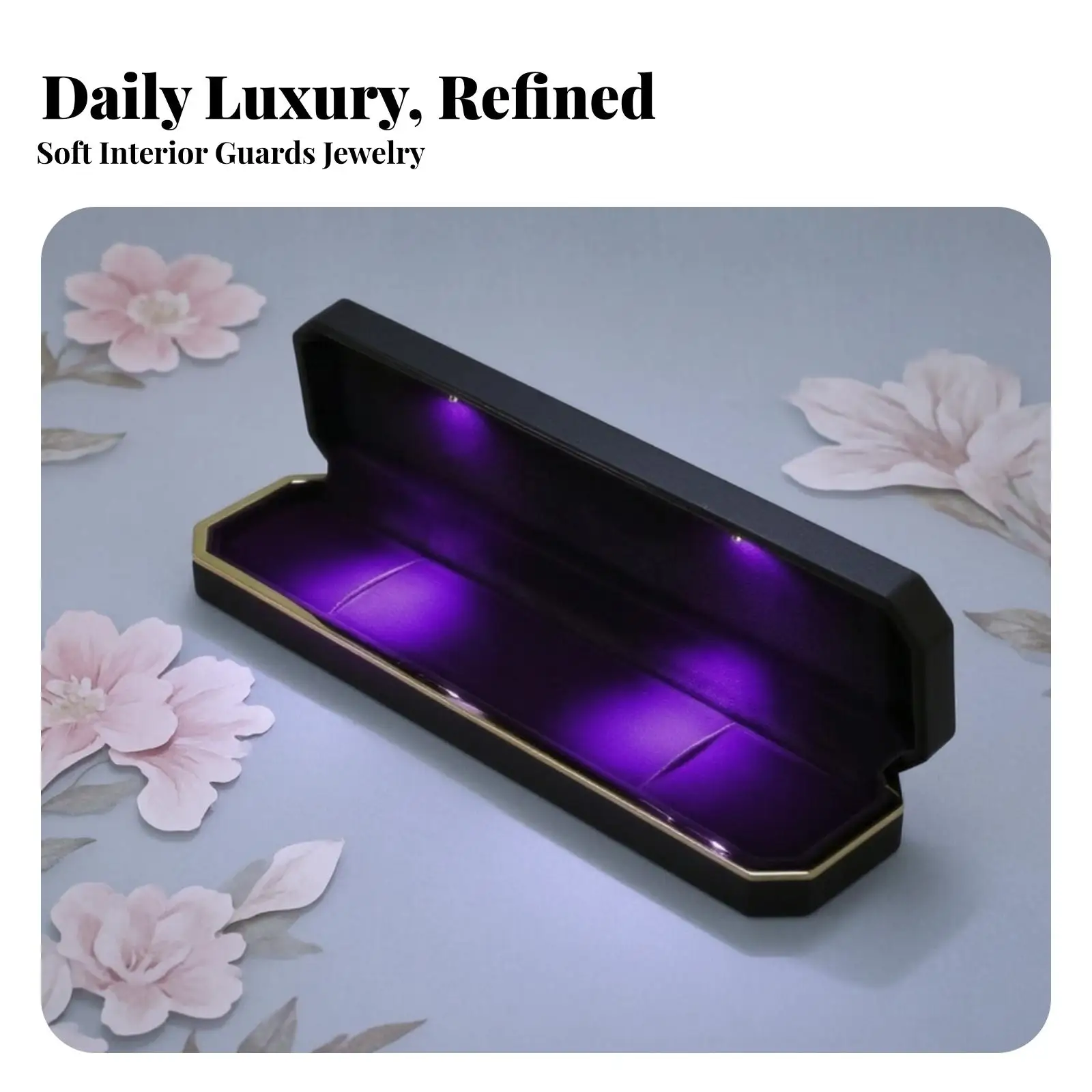 LED Jewelry Storage Case Octagonal Shape with Hinged Lid Gold Accents for Bracelets Necklaces Pendants Rings Vanity
