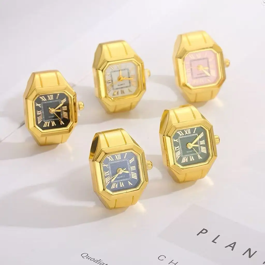 Vintage Gold Silver Color Square Dial Watch Rings for Men Women Quartz Movement Roman Numerals Pointer Retro Charm Jewelry 2026