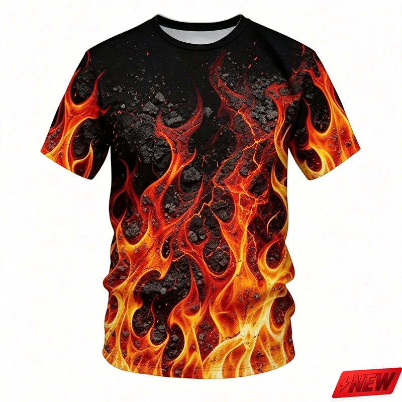 Men's 3D Colorful Flame Print T-shirt Summer Casual Short Sleeve Top Fashion Streetwear Fire Graphic New Unisex Loose Tee Shirts