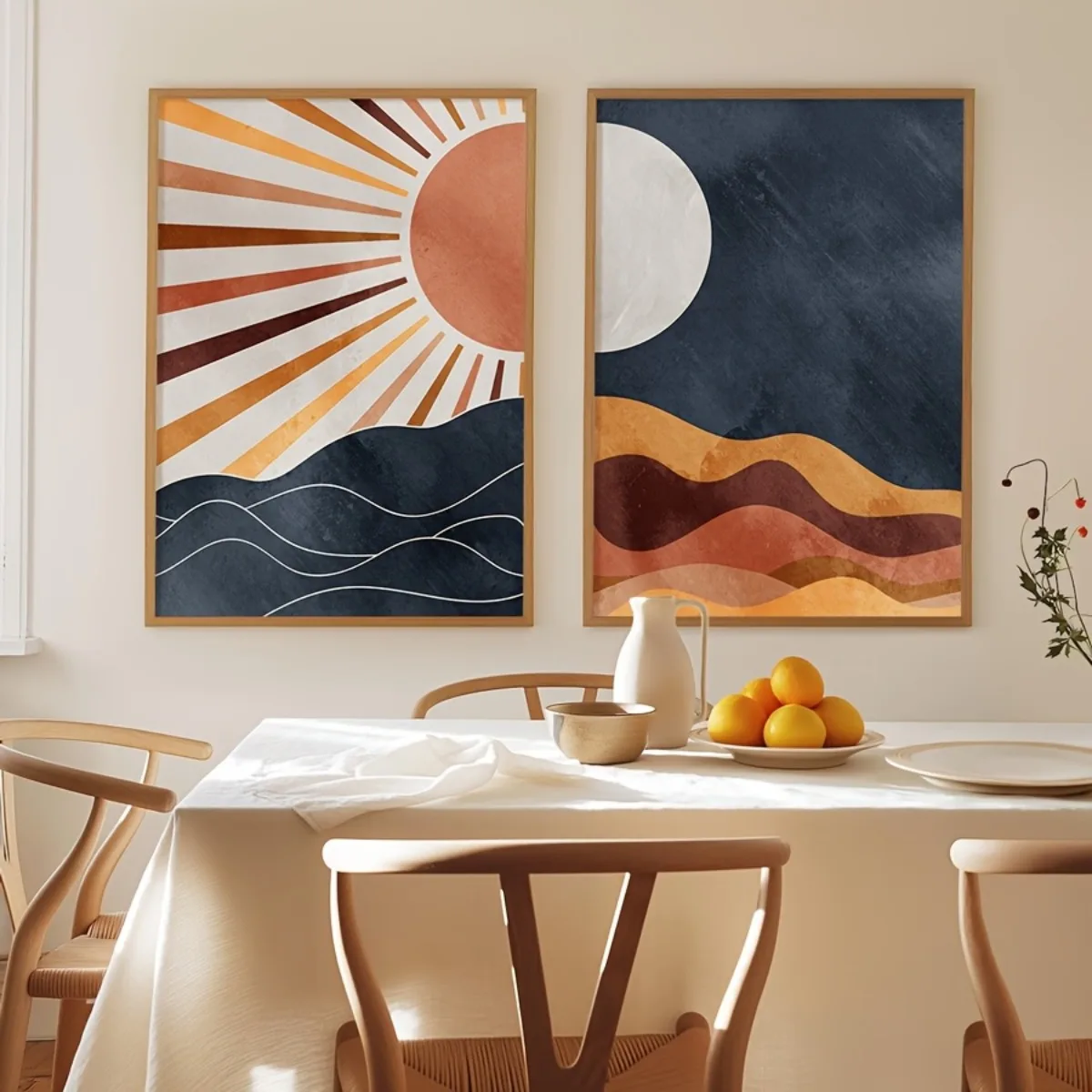 2 teile/satz Boho Sonne und Mond Sonnenuntergang Geometrische Abstrakte Leinwand Druck Poster Mid Century Moderne Kunstdrucke Wohnkultur Poster geschenke