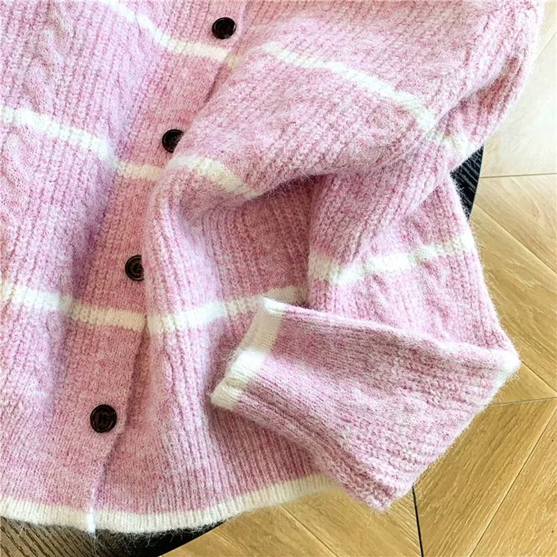 Vintage Striped Short Knit Sweater Cardigan Jacket Pink Gray Navy Blue Round Neck Single-Breasted Long Sleeve Casual Knitwear