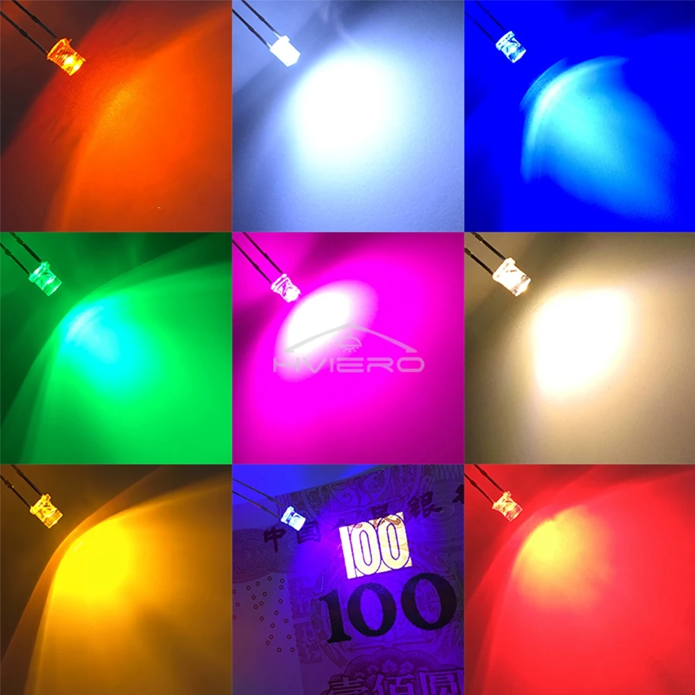 100Pcs F3 3mm 2pins Flat White Red Yellow Blue Green Pink Diode Led Wide Angle Light Emitting Diodes Lamp Ultra Bright LED Bulbs