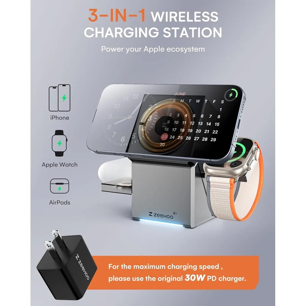 Estação de carregamento elétrica três em um sem fio com toque giratório e pop-up de 15 W de carregamento rápido, adequada